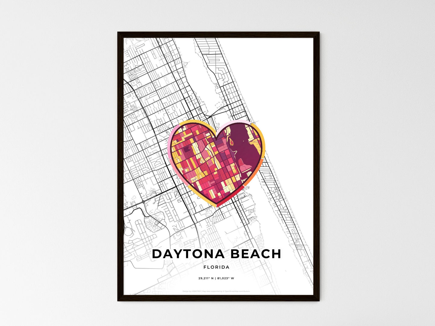Daytona Beach Florida wedding art map with heart icon