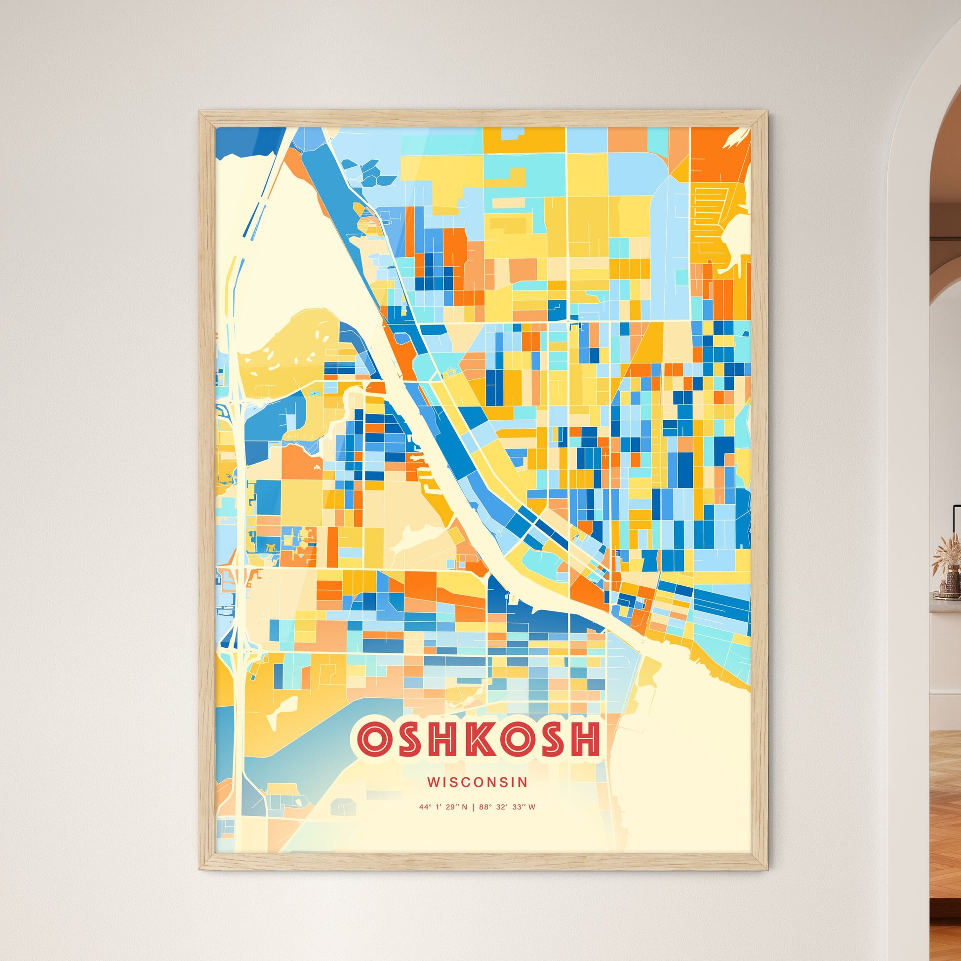 Colorful Oshkosh Wisconsin Fine Art Map Blue Orange