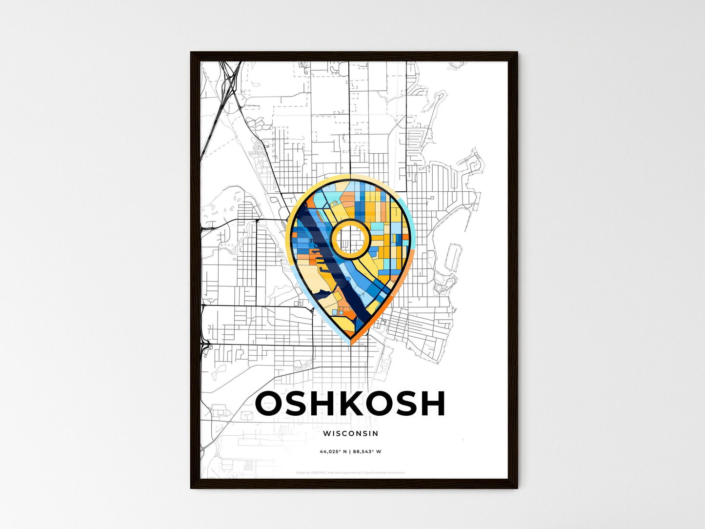 Oshkosh Wisconsin wedding art map with pointer icon