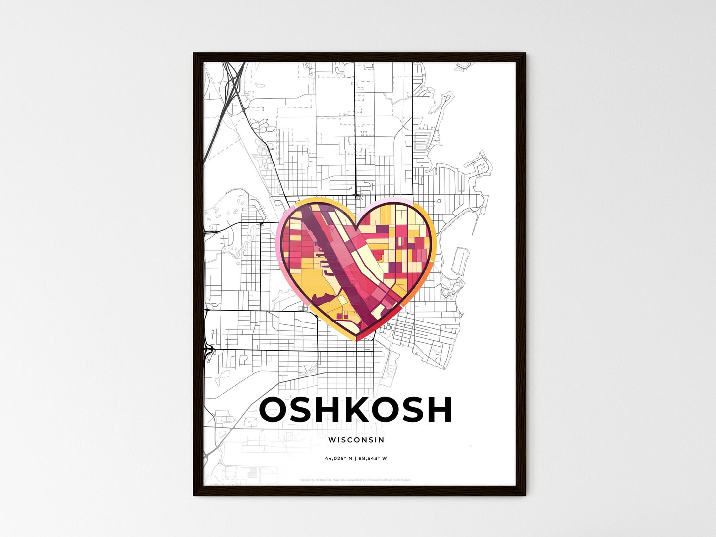 Oshkosh Wisconsin wedding art map with heart icon