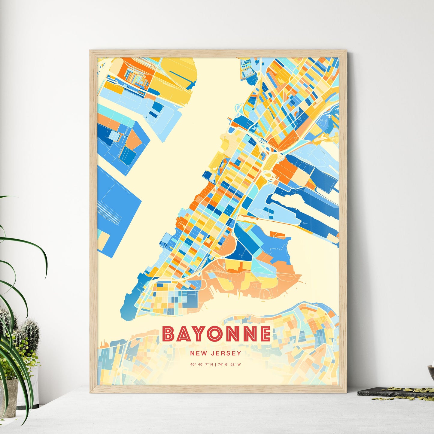 Colorful Bayonne New Jersey Fine Art Map Blue Orange
