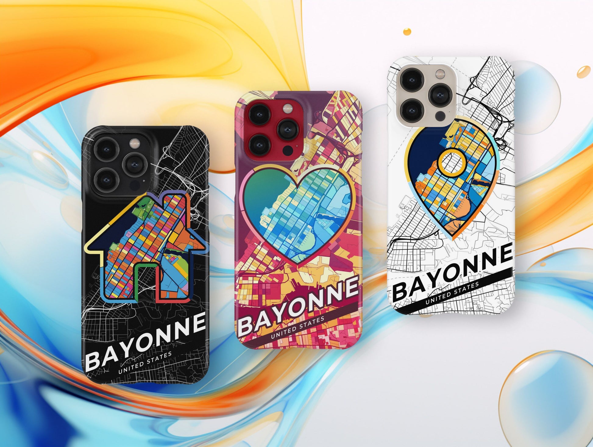 Bayonne New Jersey slim phone case with colorful icon. Birthday, wedding or housewarming gift. Couple match cases.