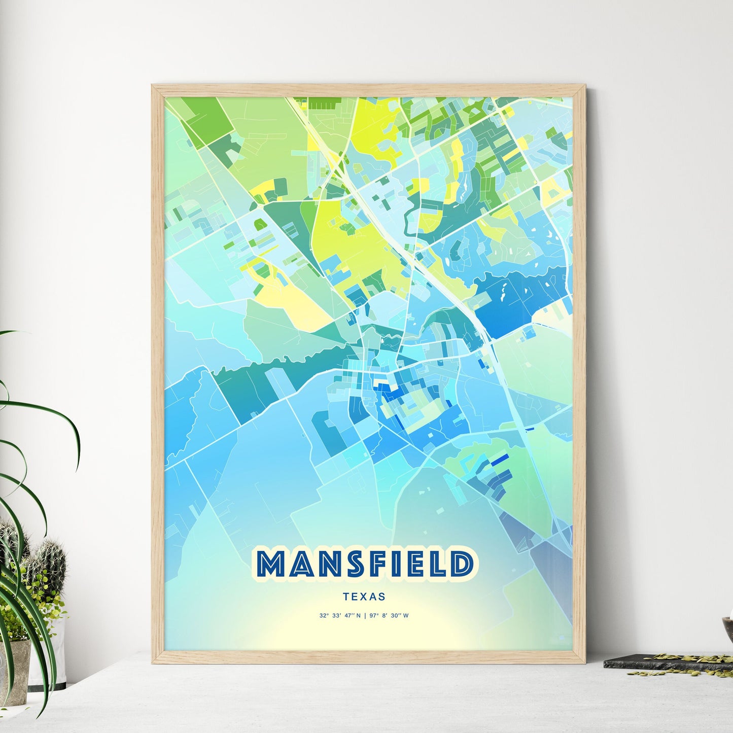 Colorful MANSFIELD TEXAS Fine Art Map Cool Blue