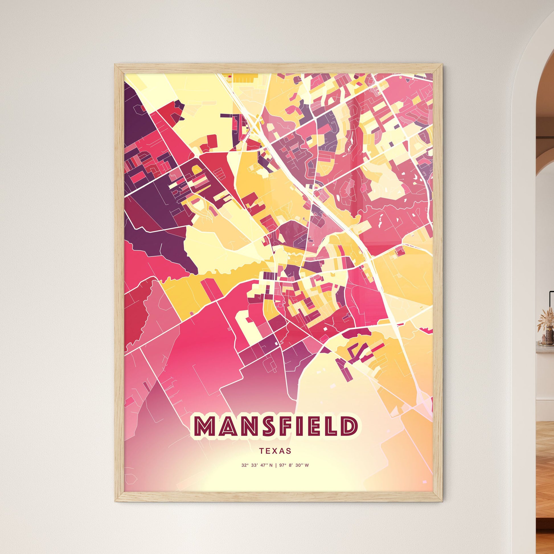 Colorful MANSFIELD TEXAS Fine Art Map Hot Red