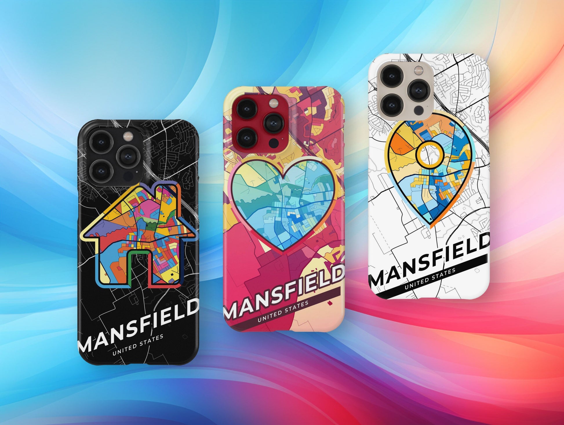 Mansfield Texas slim phone case with colorful icon. Birthday, wedding or housewarming gift. Couple match cases.