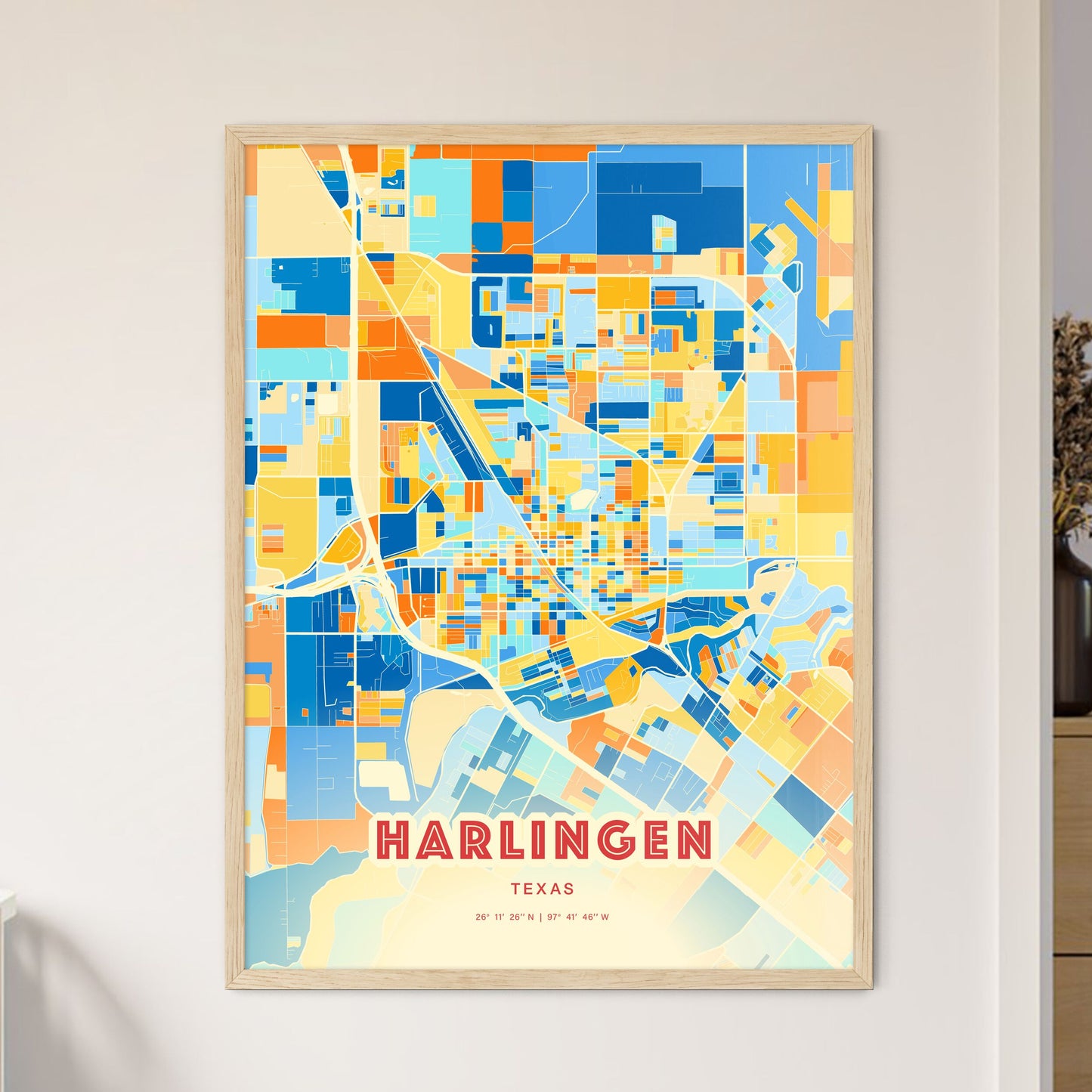Colorful Harlingen Texas Fine Art Map Blue Orange