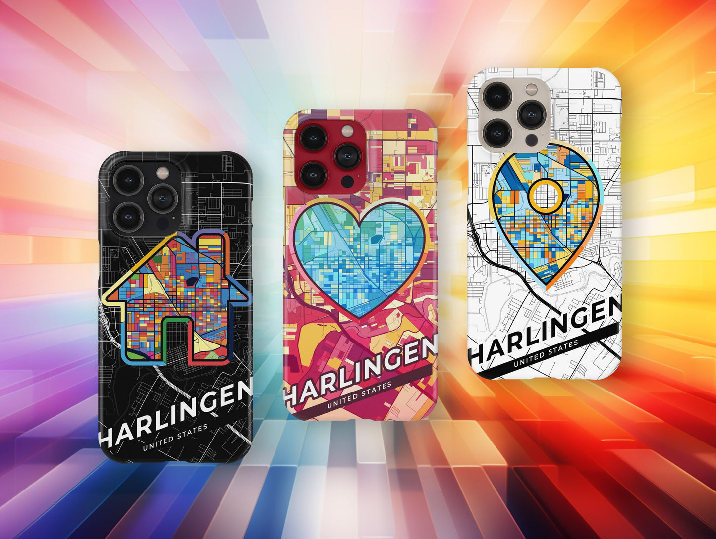 Harlingen Texas slim phone case with colorful icon. Birthday, wedding or housewarming gift. Couple match cases.