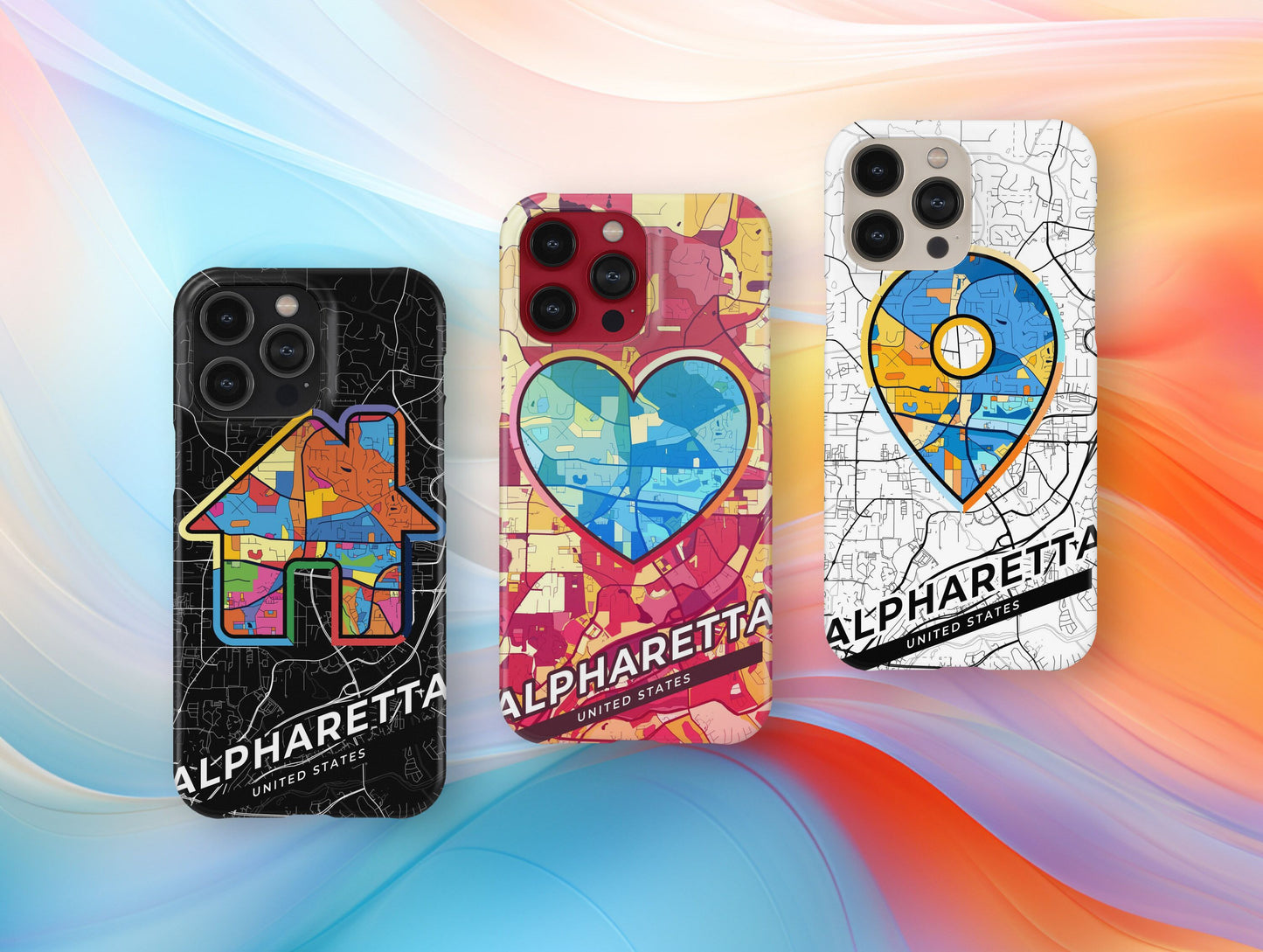 Alpharetta Georgia slim phone case with colorful icon. Birthday, wedding or housewarming gift. Couple match cases.
