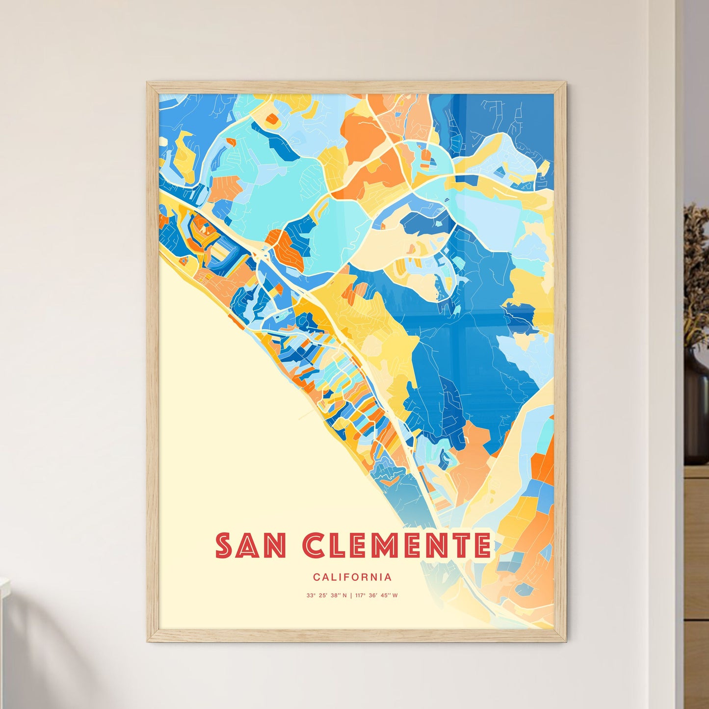Colorful San Clemente California Fine Art Map Blue Orange