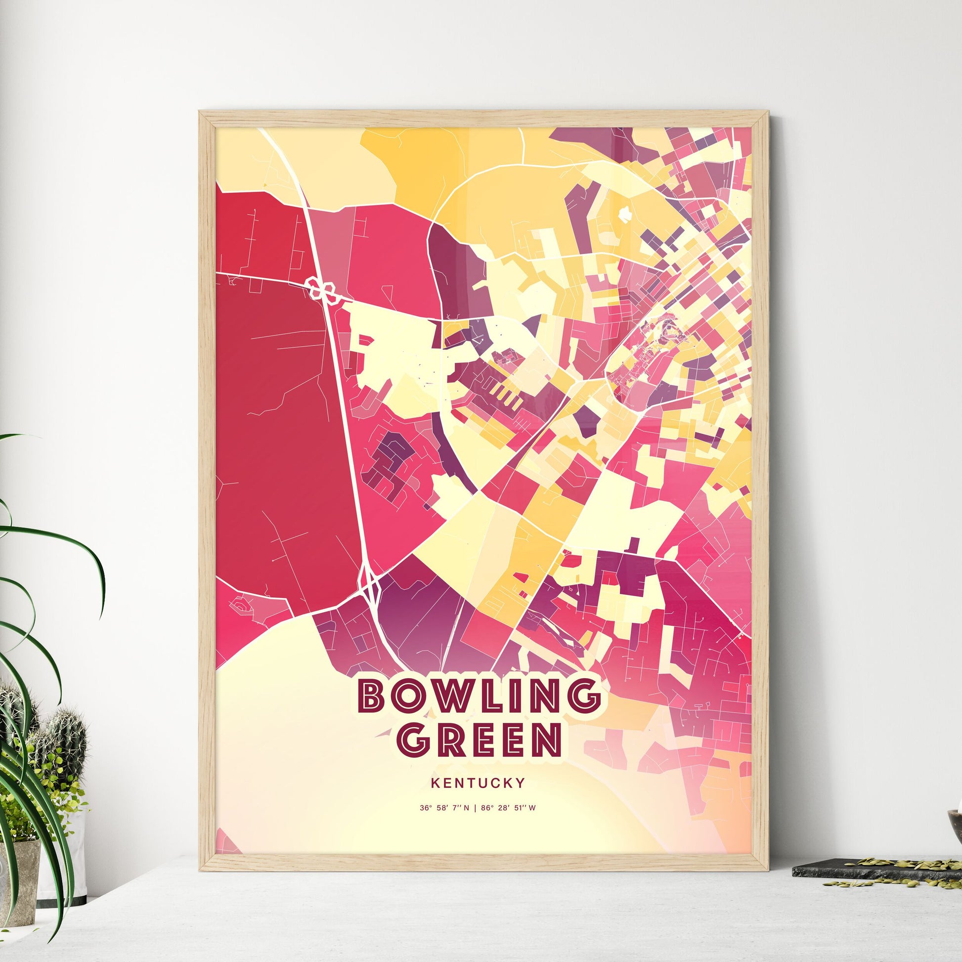 Colorful BOWLING GREEN KENTUCKY Fine Art Map Hot Red