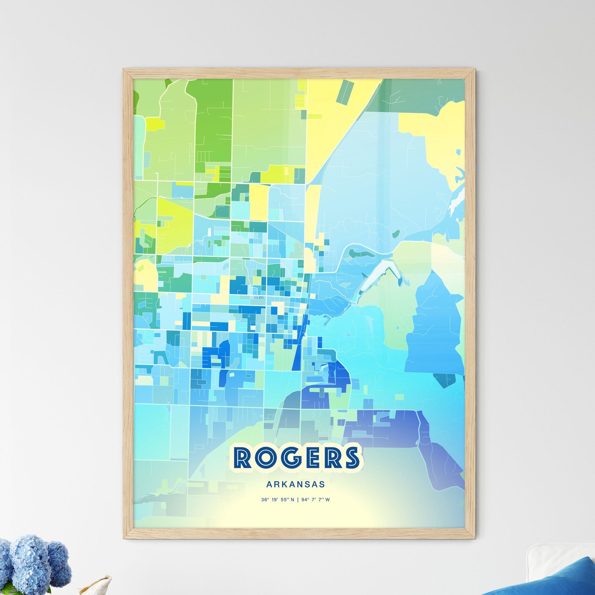 Colorful ROGERS ARKANSAS Fine Art Map Cool Blue