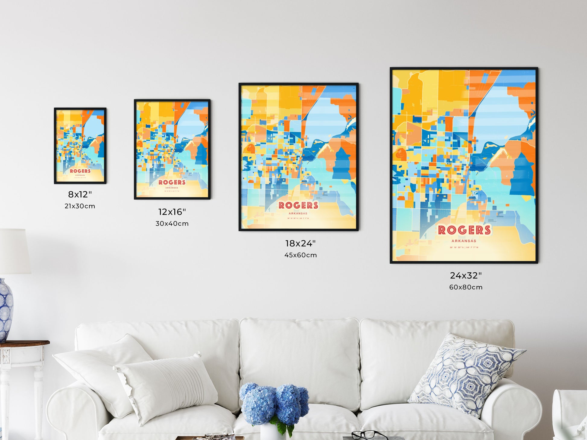 Colorful ROGERS ARKANSAS Fine Art Map Blue Orange