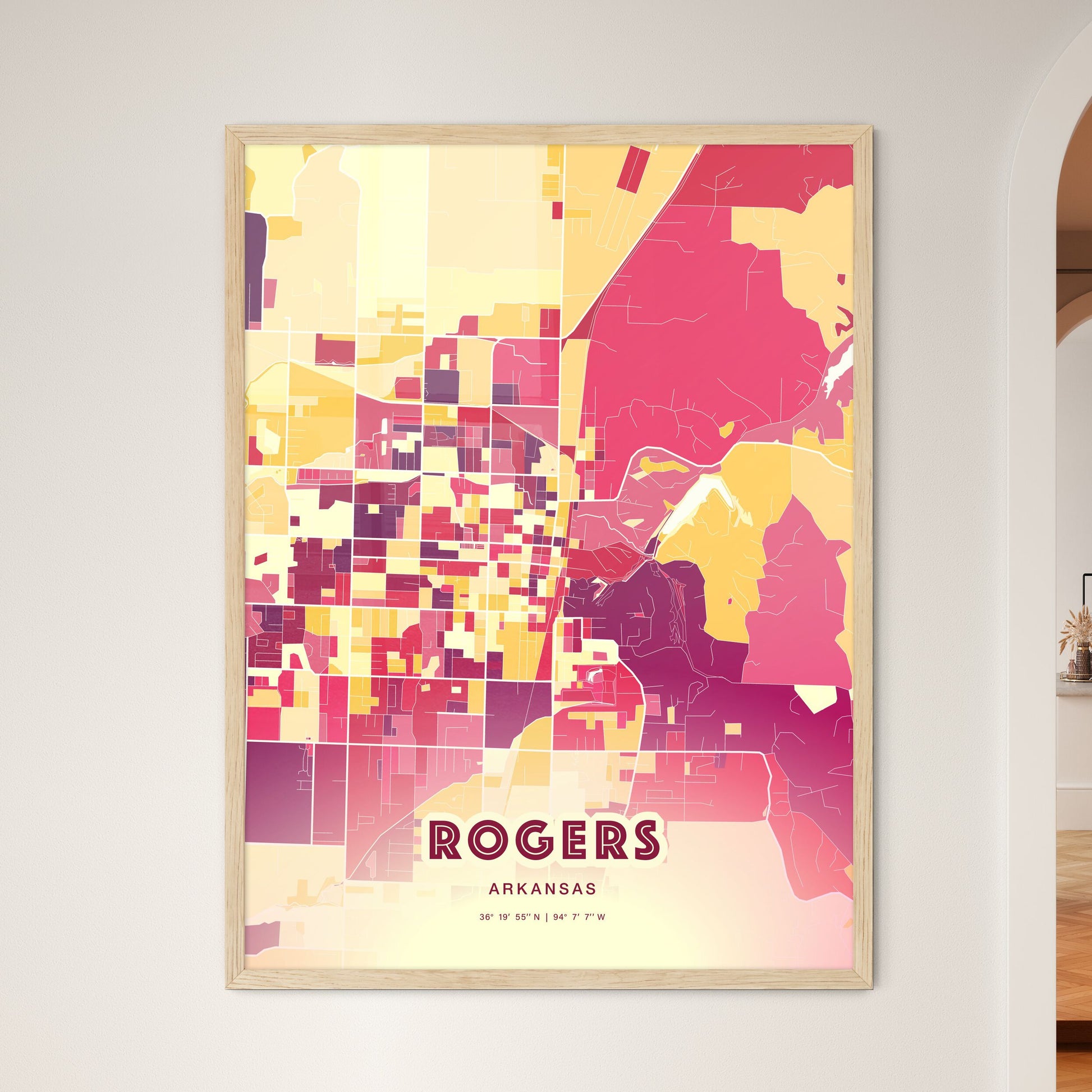 Colorful ROGERS ARKANSAS Fine Art Map Hot Red