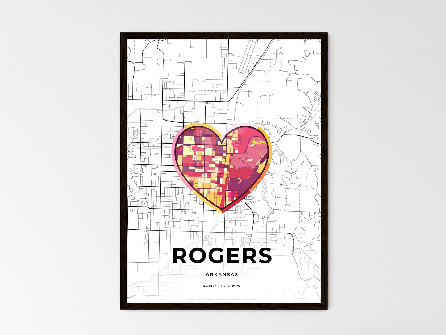 Rogers Arkansas wedding art map with heart icon