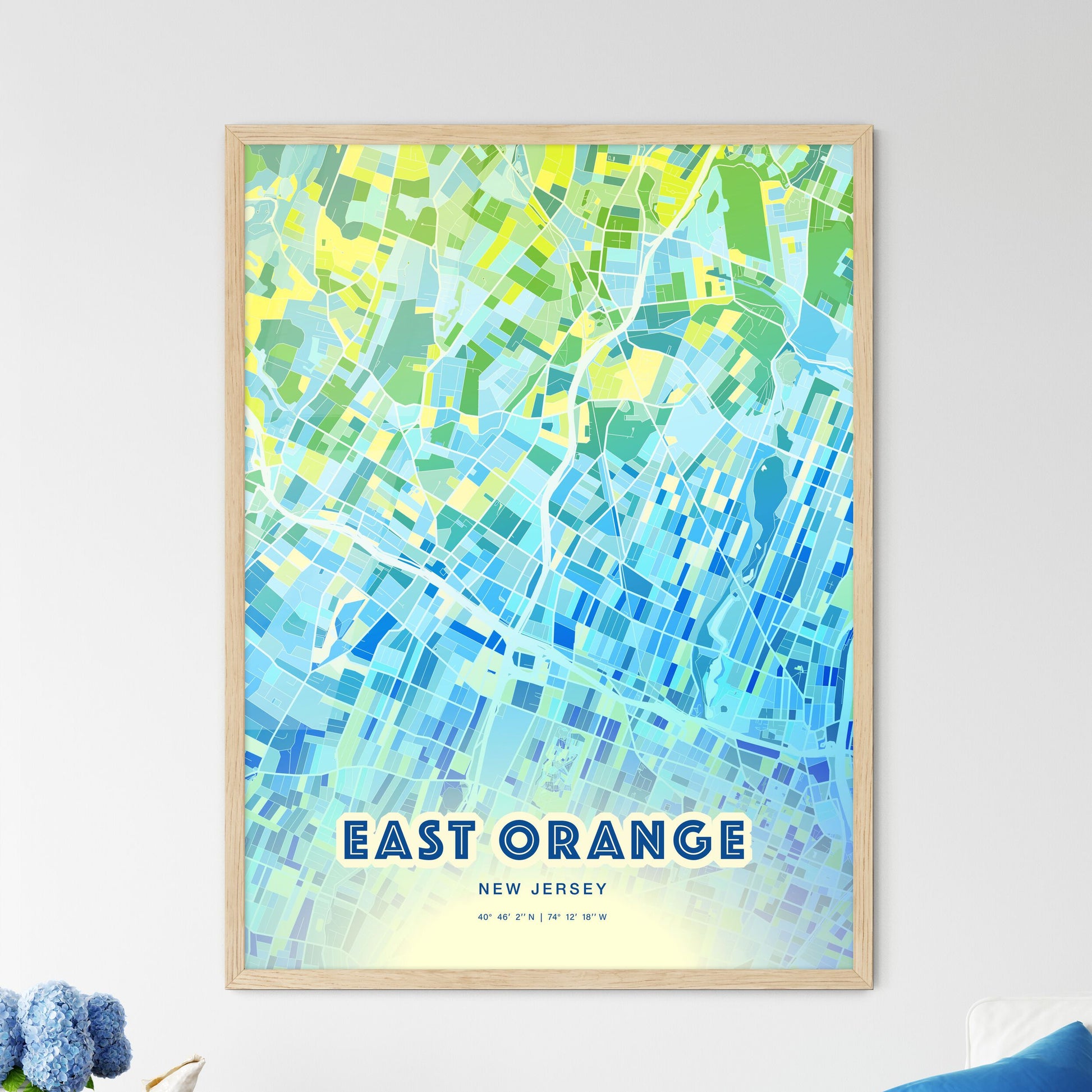 Colorful EAST ORANGE NEW JERSEY Fine Art Map Cool Blue