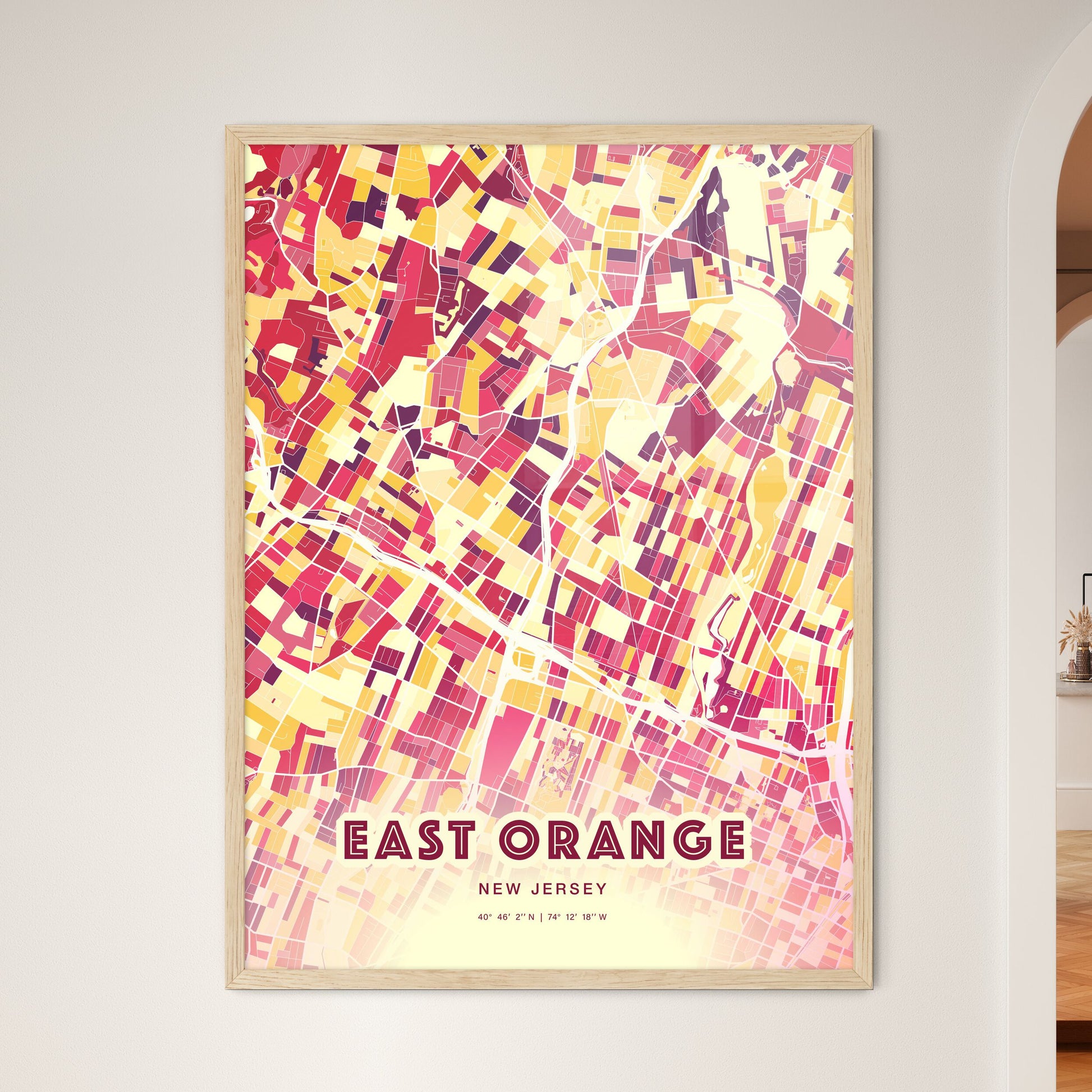 Colorful EAST ORANGE NEW JERSEY Fine Art Map Hot Red