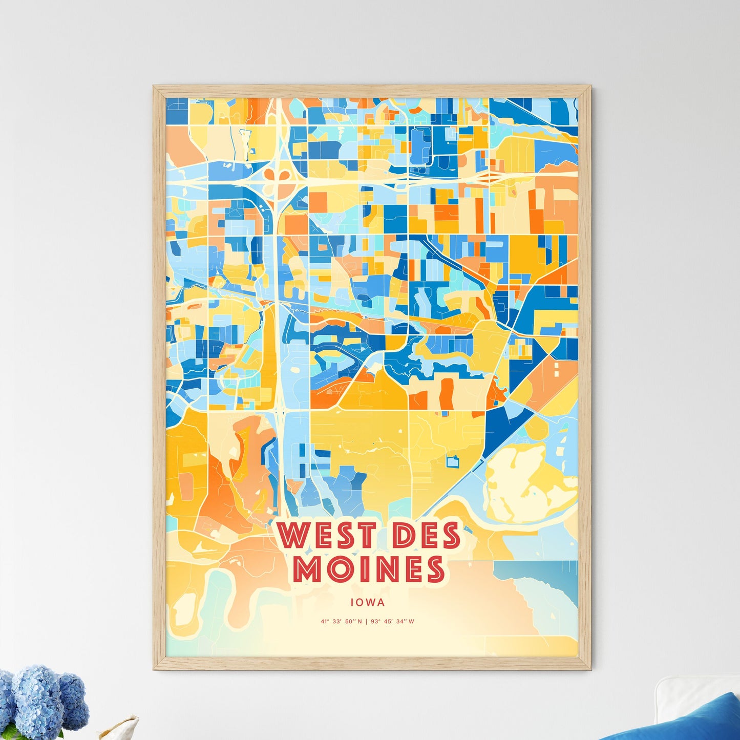 Colorful WEST DES MOINES IOWA Fine Art Map Blue Orange