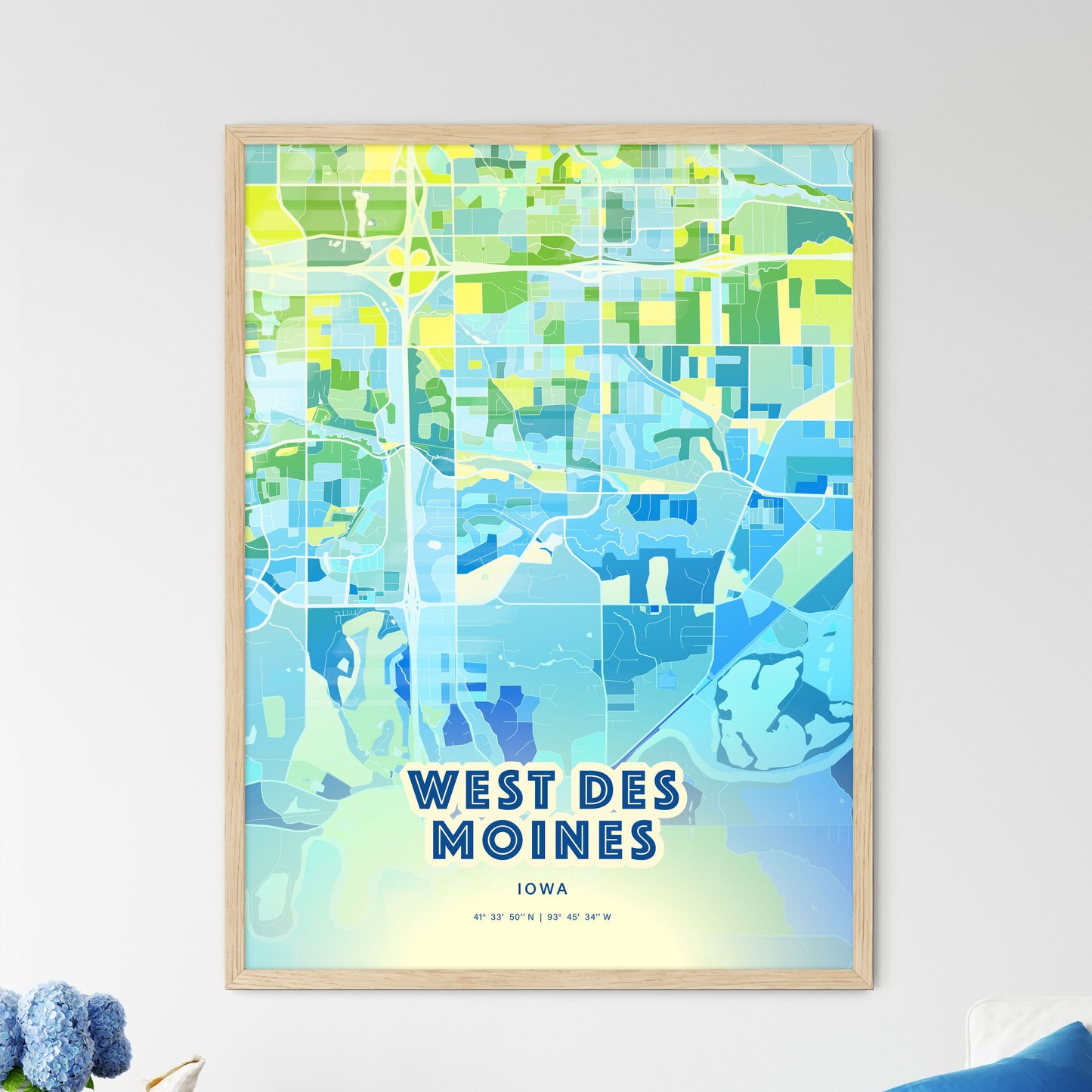 Colorful WEST DES MOINES IOWA Fine Art Map Cool Blue