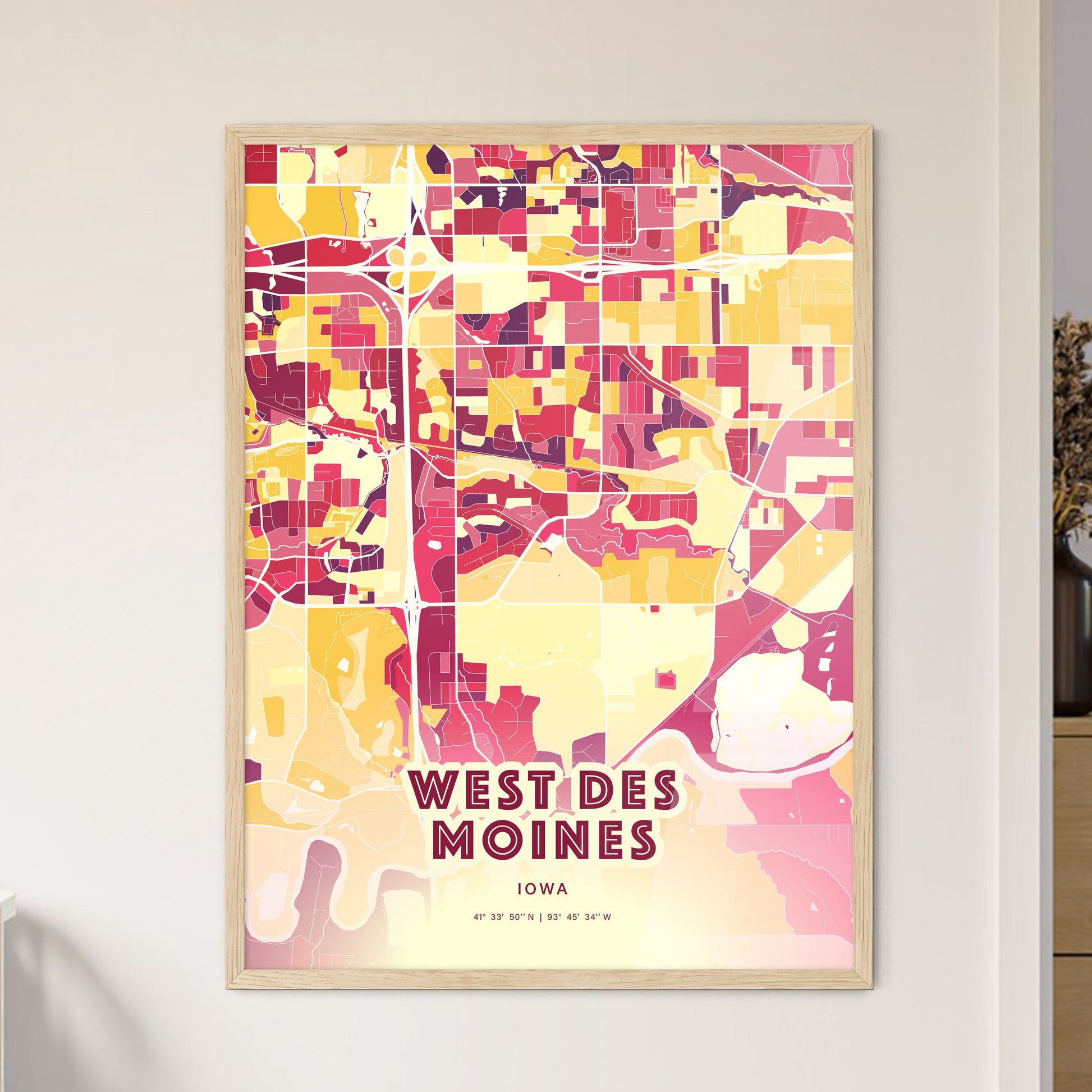 Colorful WEST DES MOINES IOWA Fine Art Map Hot Red