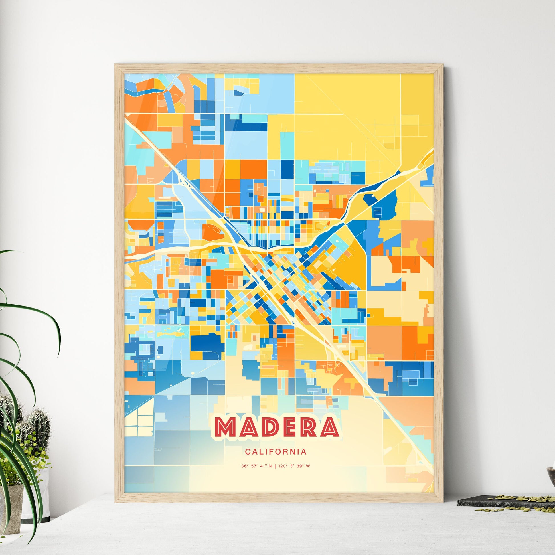 Colorful Madera California Fine Art Map Blue Orange