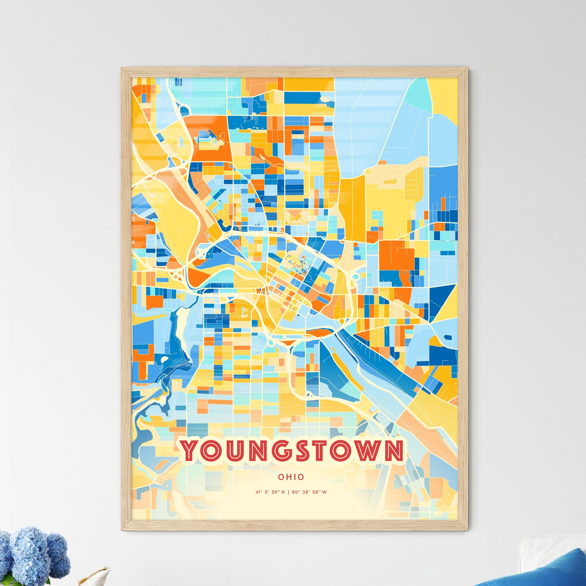 Colorful Youngstown Ohio Fine Art Map Blue Orange