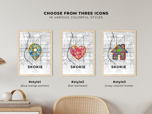 Skokie Illinois maps with colorful icons