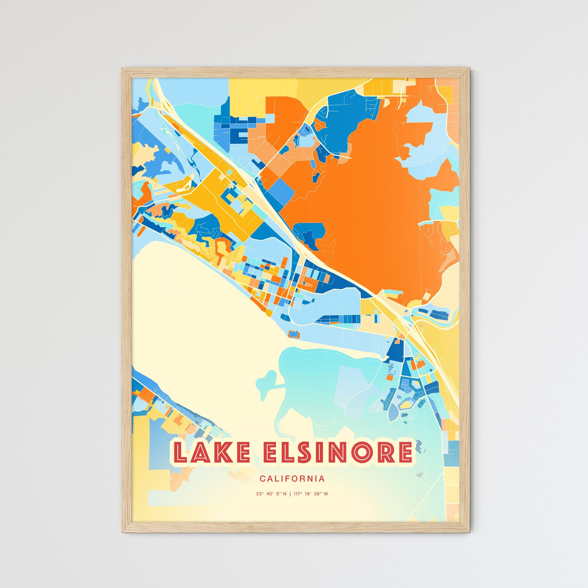 Colorful Lake Elsinore California Fine Art Map Blue Orange