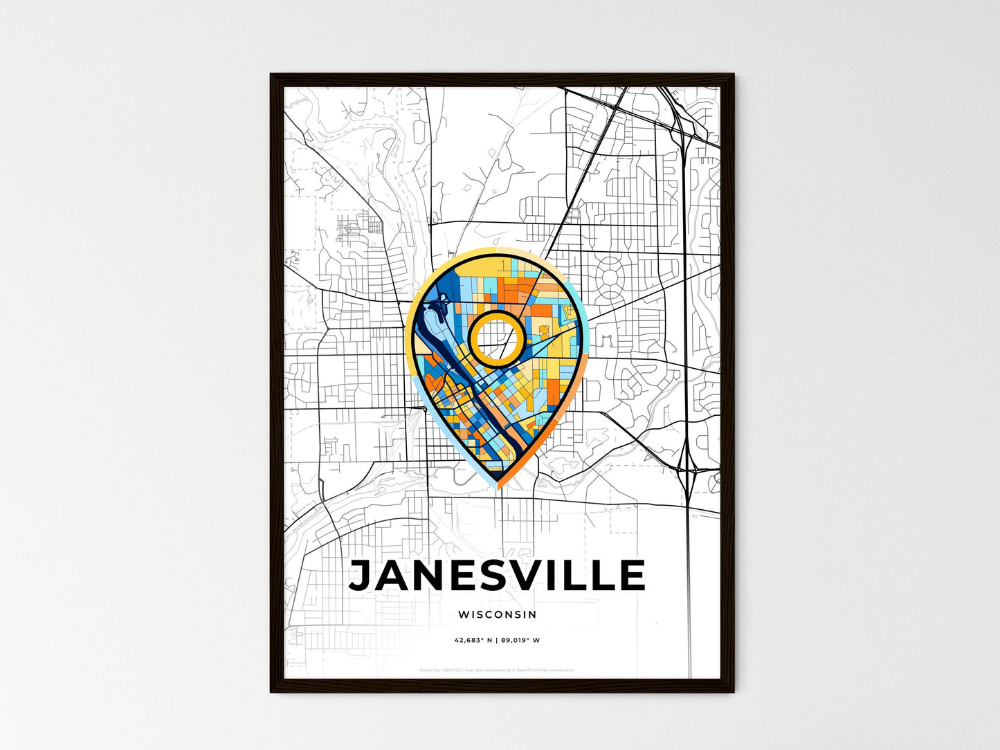 Janesville Wisconsin wedding art map with pointer icon