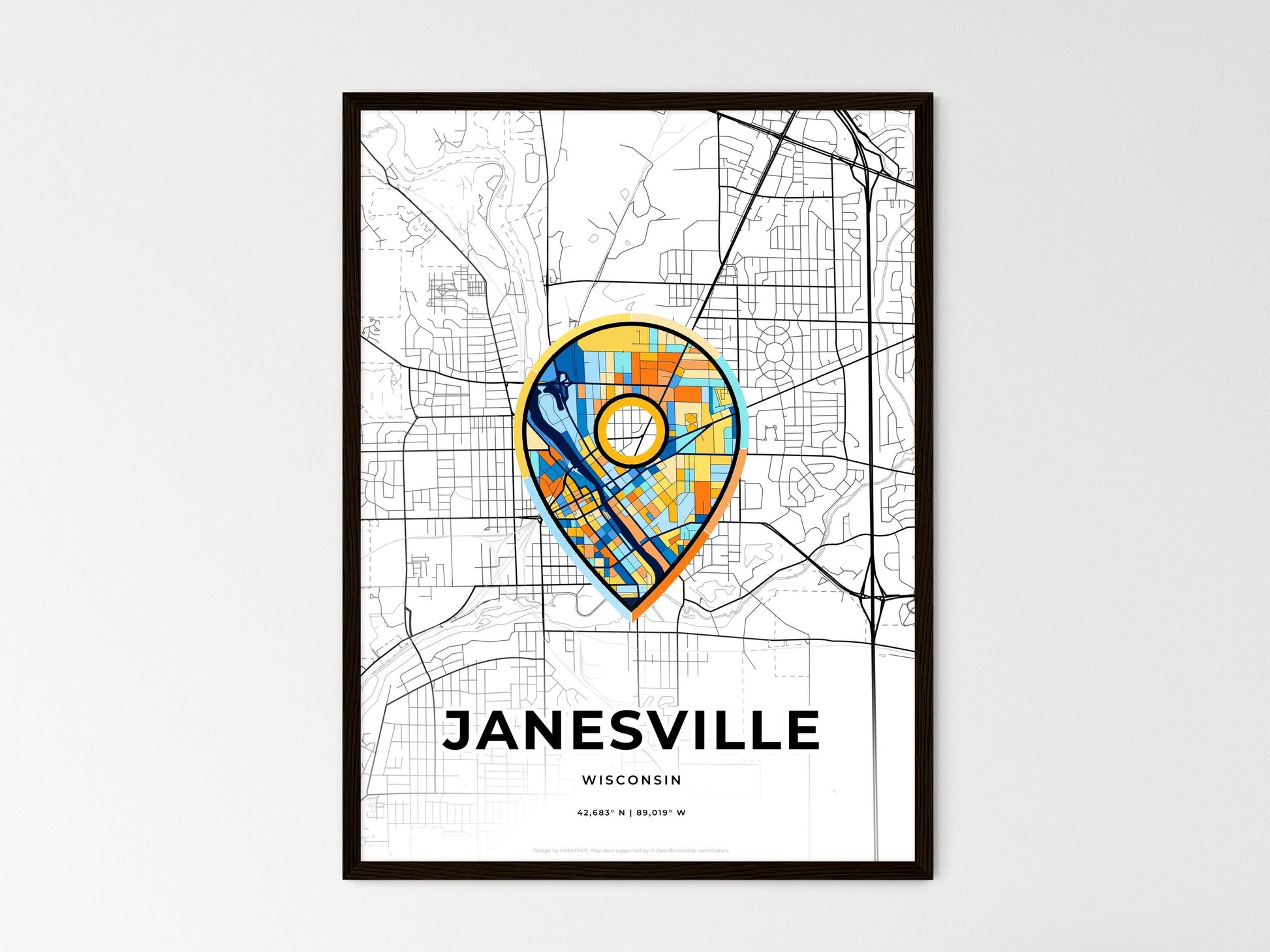 Janesville Wisconsin wedding art map with pointer icon