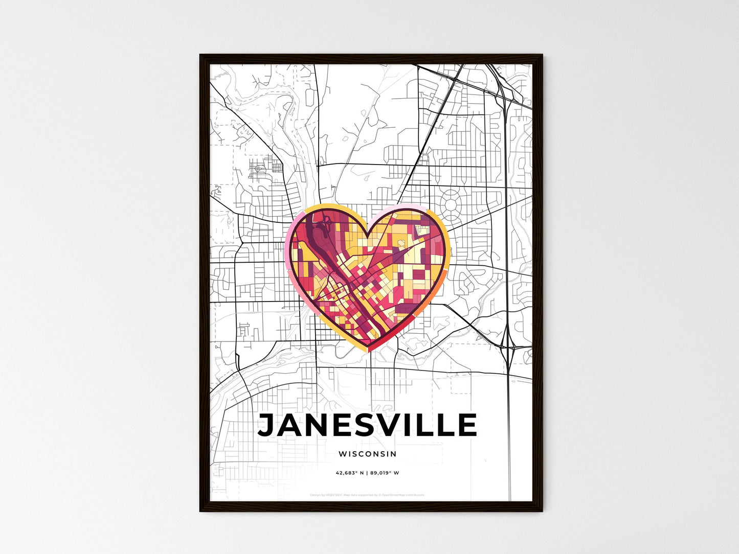 Janesville Wisconsin wedding art map with heart icon