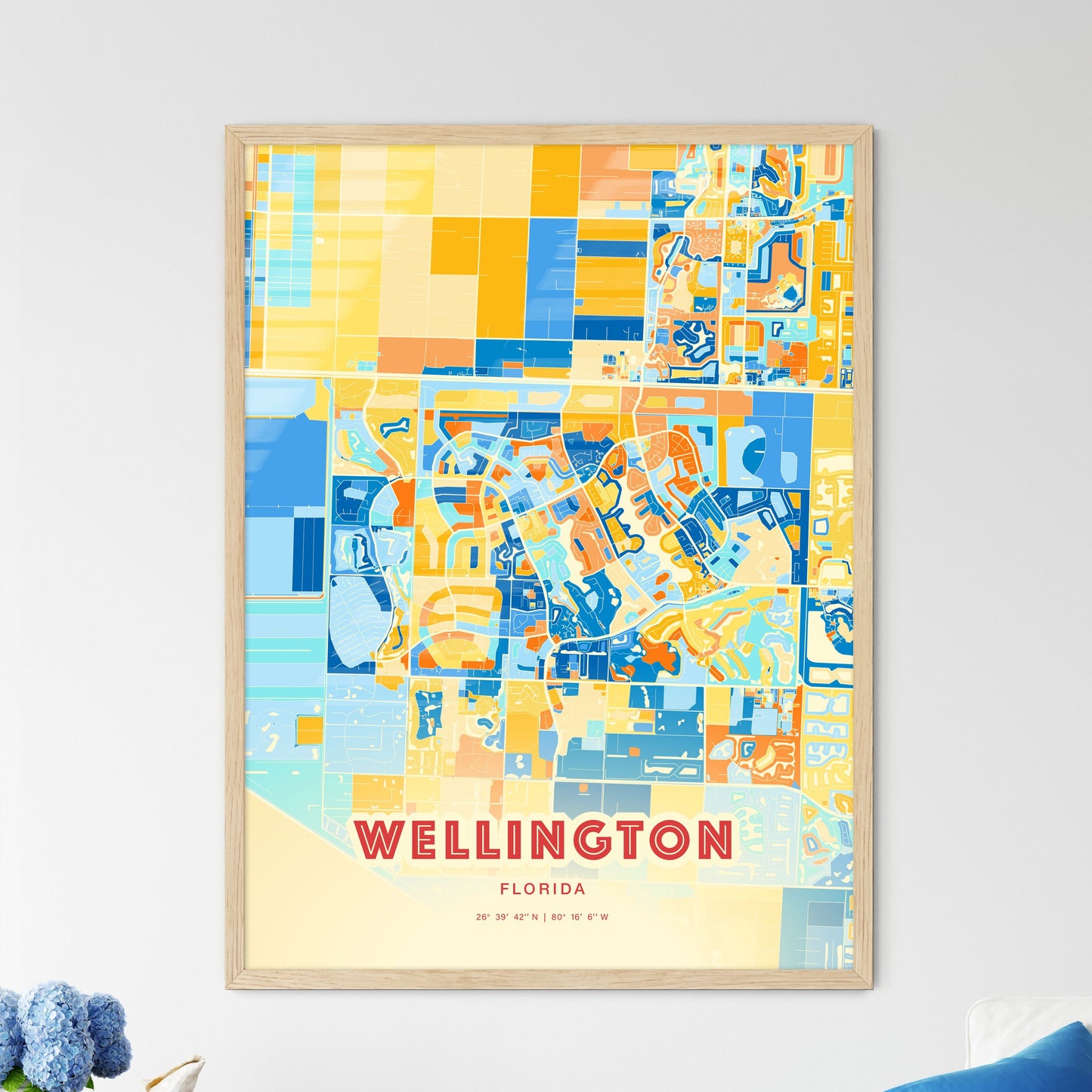 Colorful Wellington Florida Fine Art Map Blue Orange