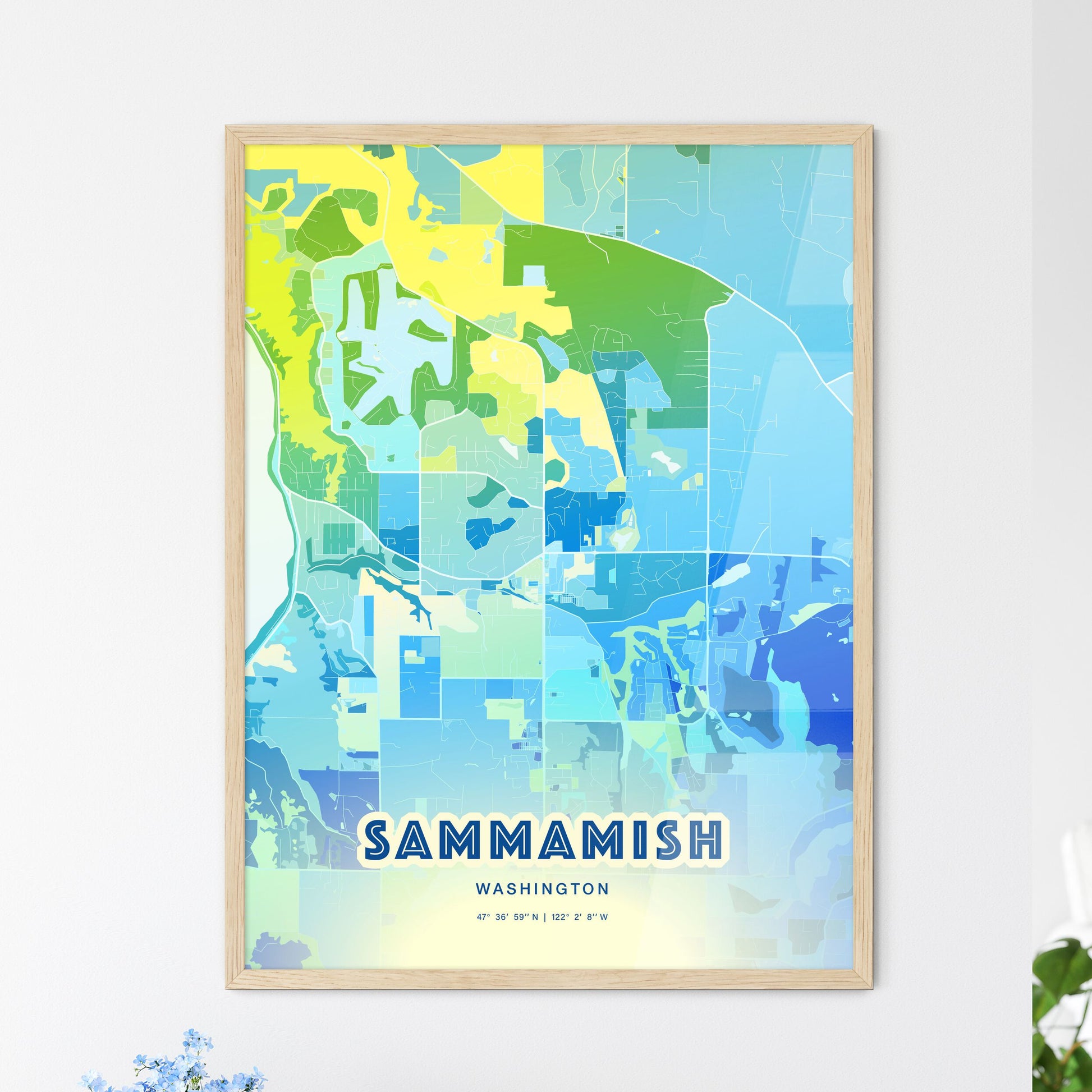 Colorful SAMMAMISH WASHINGTON Fine Art Map Cool Blue