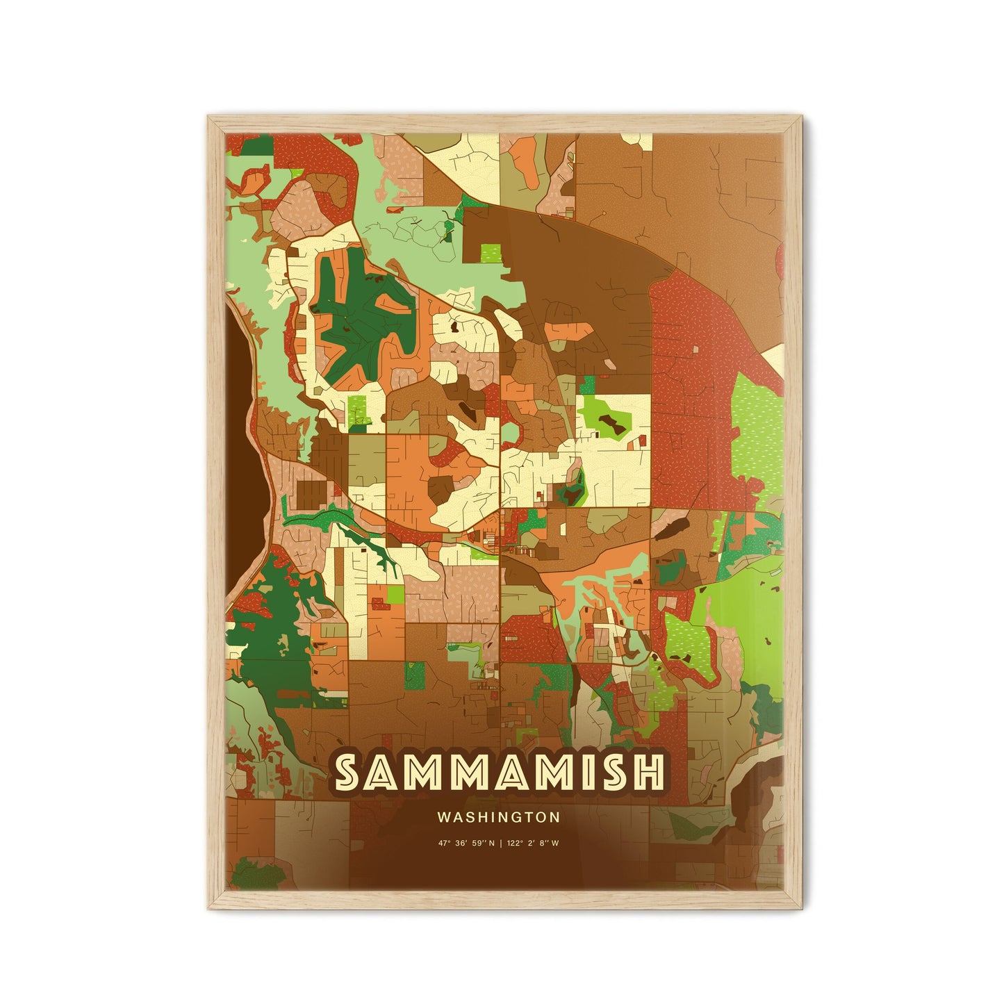 Colorful SAMMAMISH WASHINGTON Fine Art Map Farmhouse