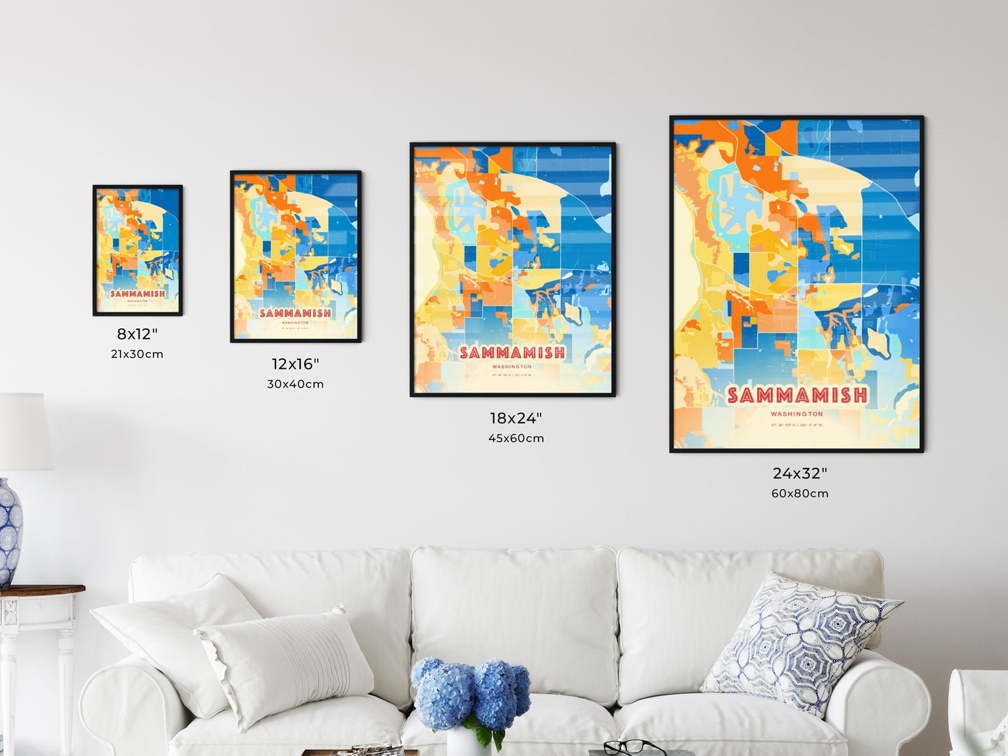 Colorful SAMMAMISH WASHINGTON Fine Art Map Blue Orange