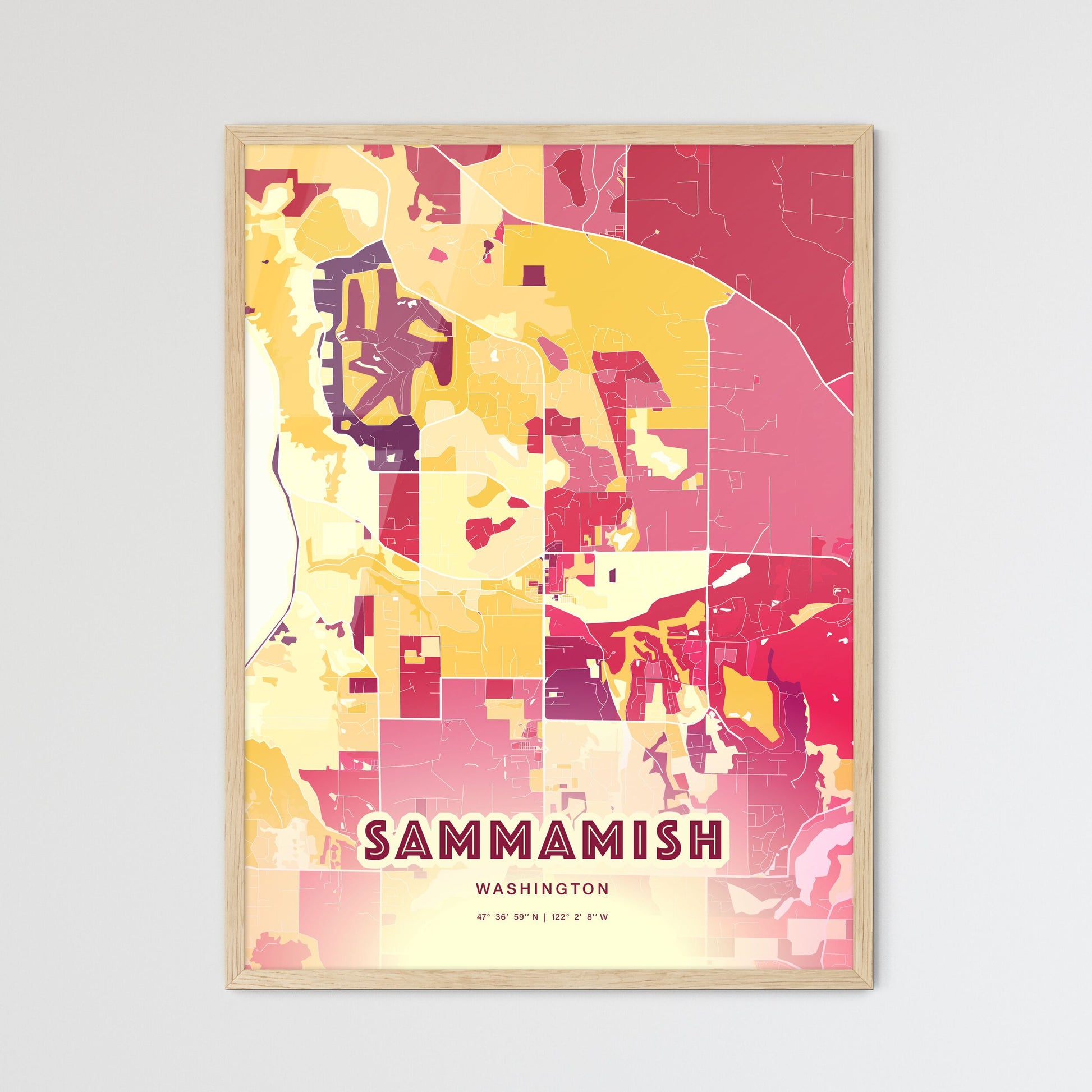 Colorful SAMMAMISH WASHINGTON Fine Art Map Hot Red