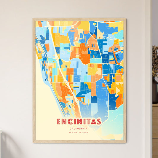 Colorful Encinitas California Fine Art Map Blue Orange