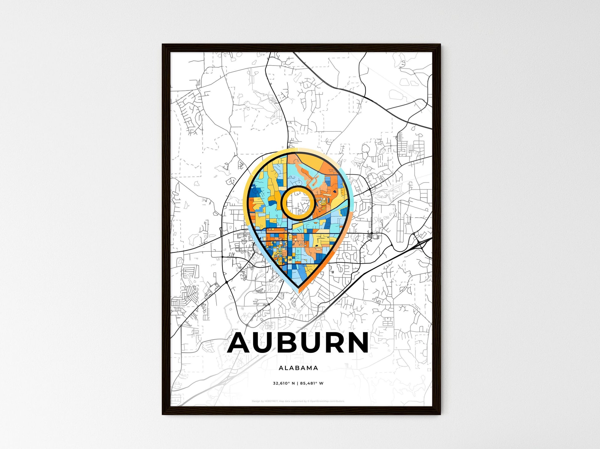 Auburn Alabama wedding art map with pointer icon