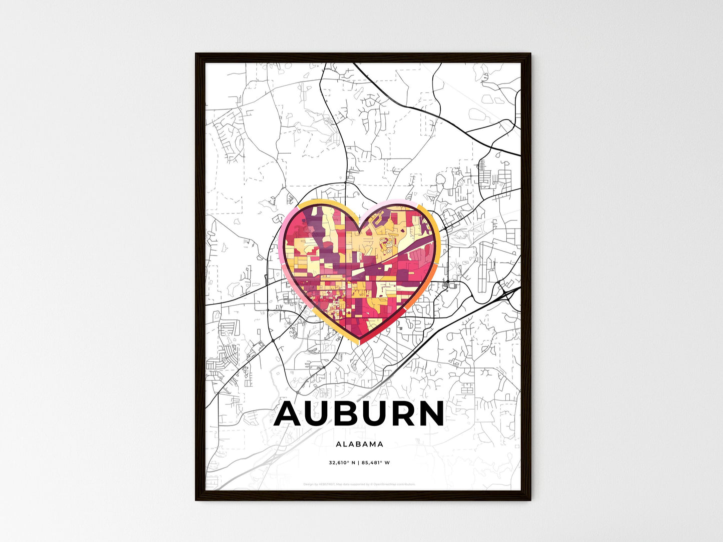 Auburn Alabama wedding art map with heart icon