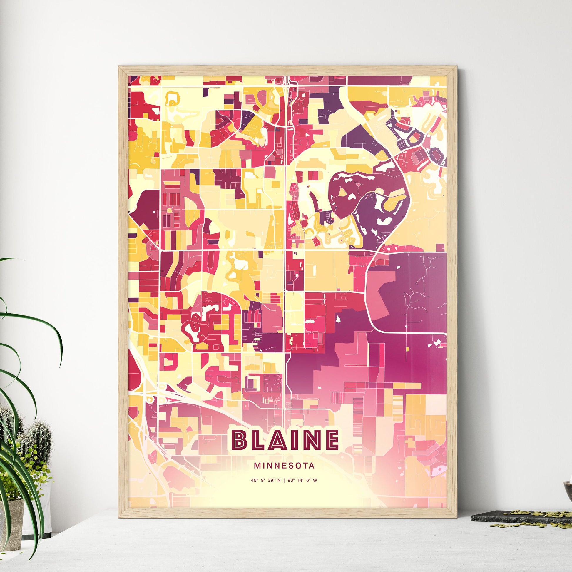 Colorful BLAINE MINNESOTA Fine Art Map Hot Red