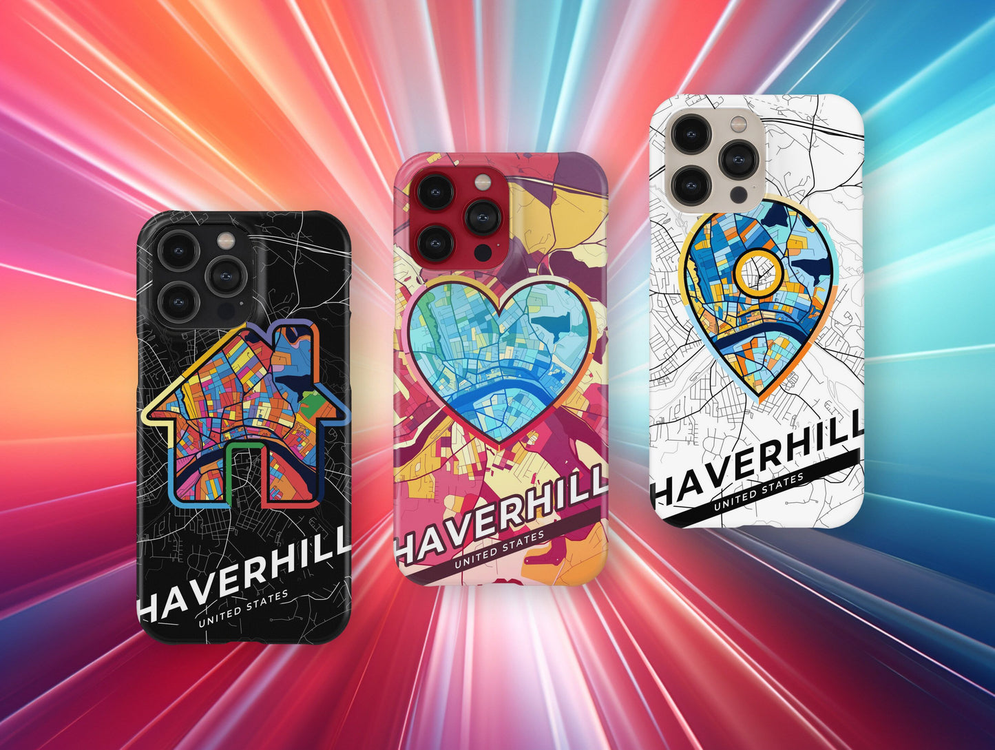 Haverhill Massachusetts slim phone case with colorful icon. Birthday, wedding or housewarming gift. Couple match cases.