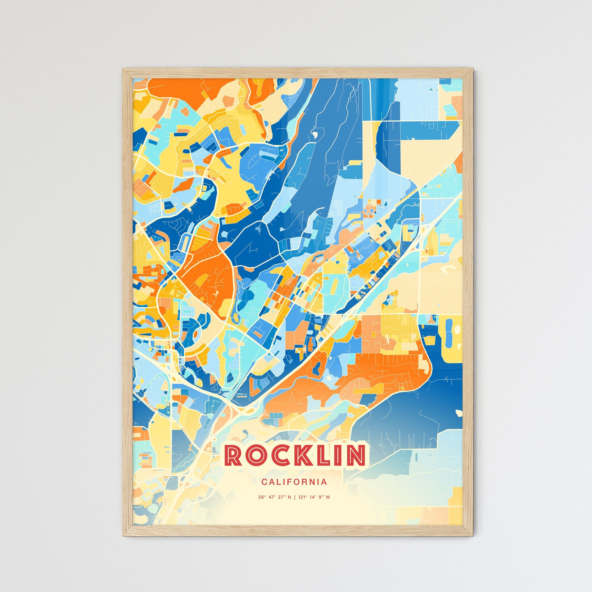 Colorful Rocklin California Fine Art Map Blue Orange