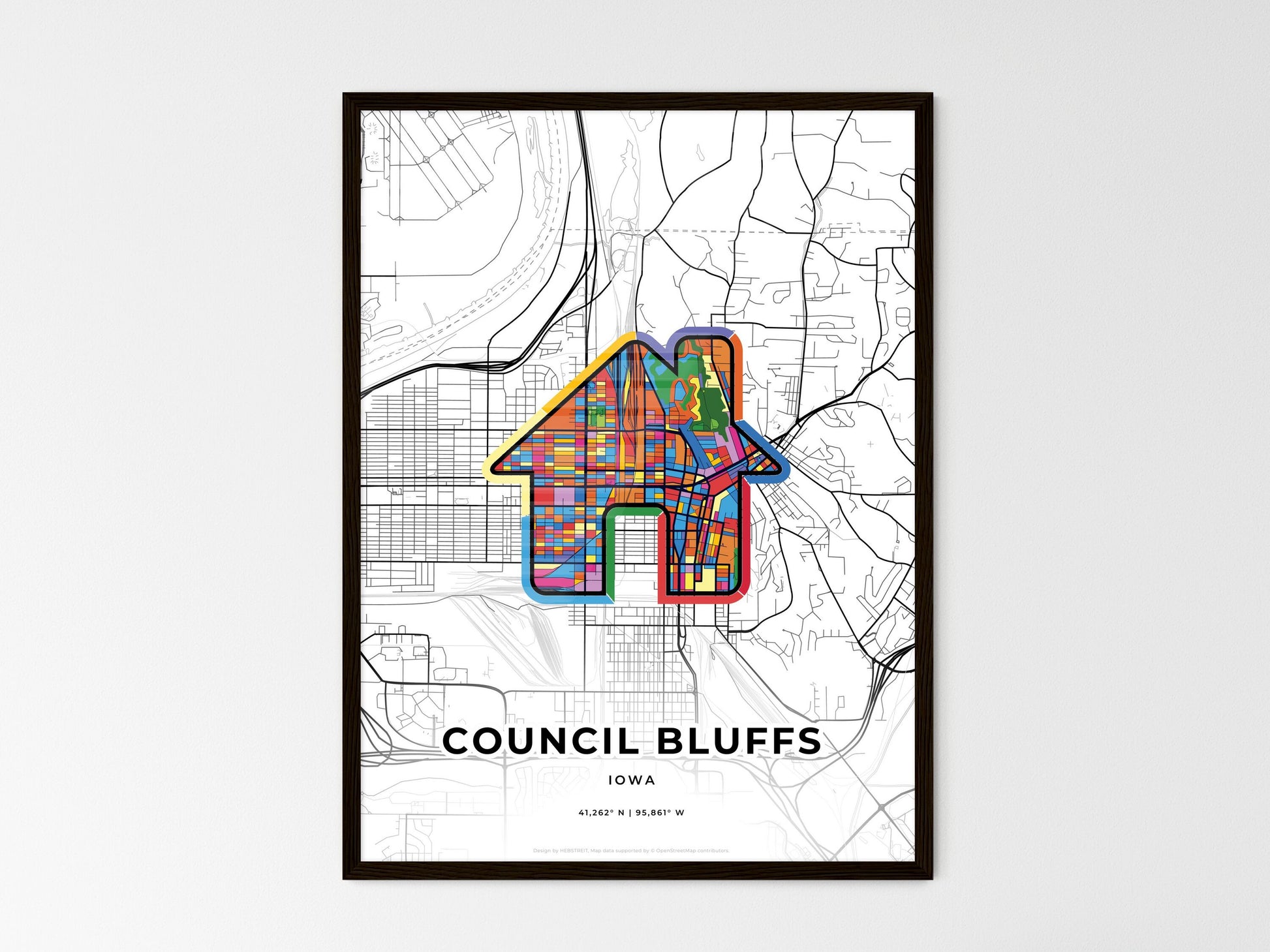 Council Bluffs Iowa wedding art map with home icon