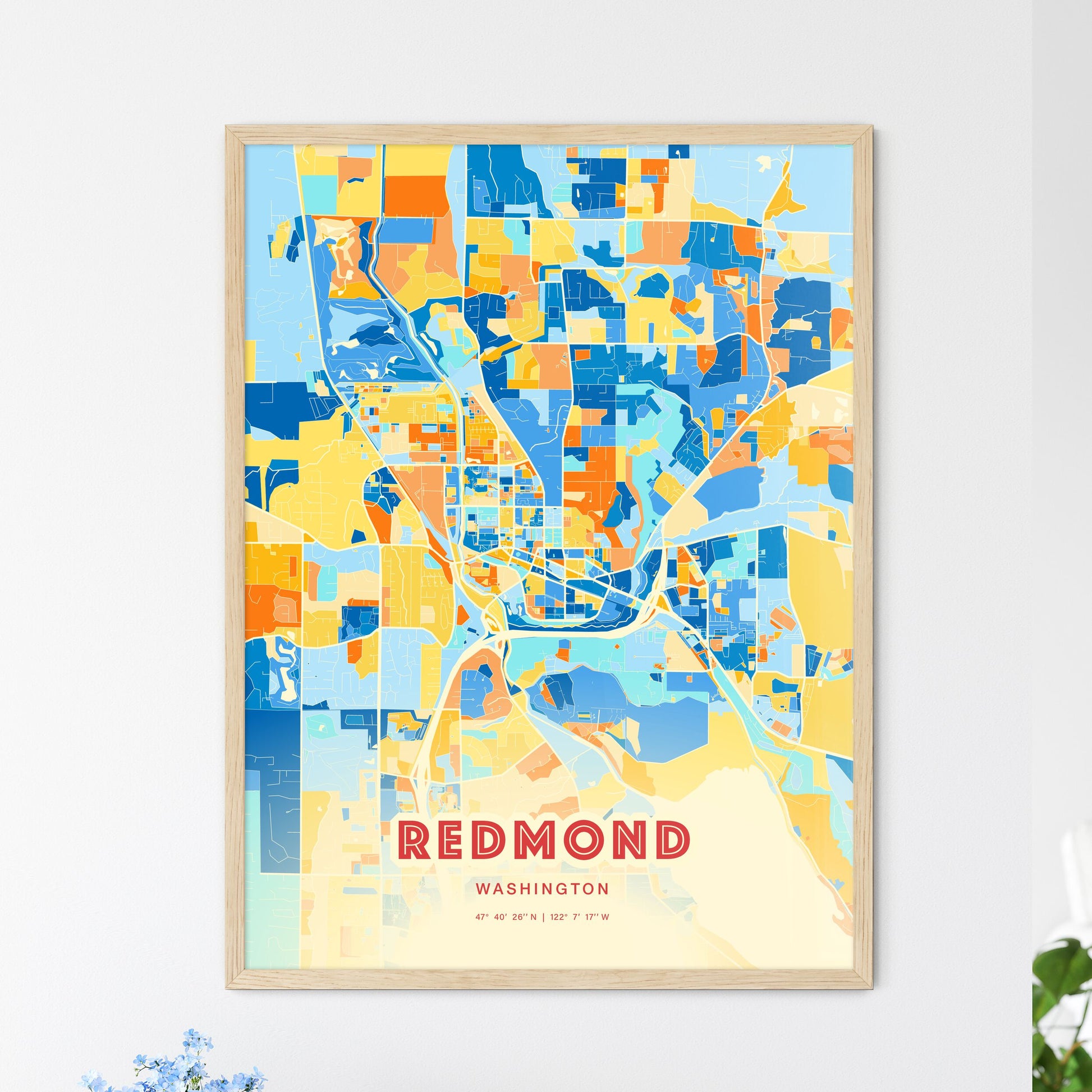 Colorful Redmond Washington Fine Art Map Blue Orange