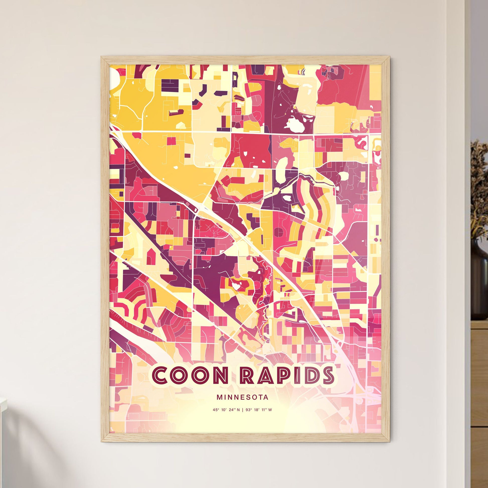 Colorful COON RAPIDS MINNESOTA Fine Art Map Hot Red