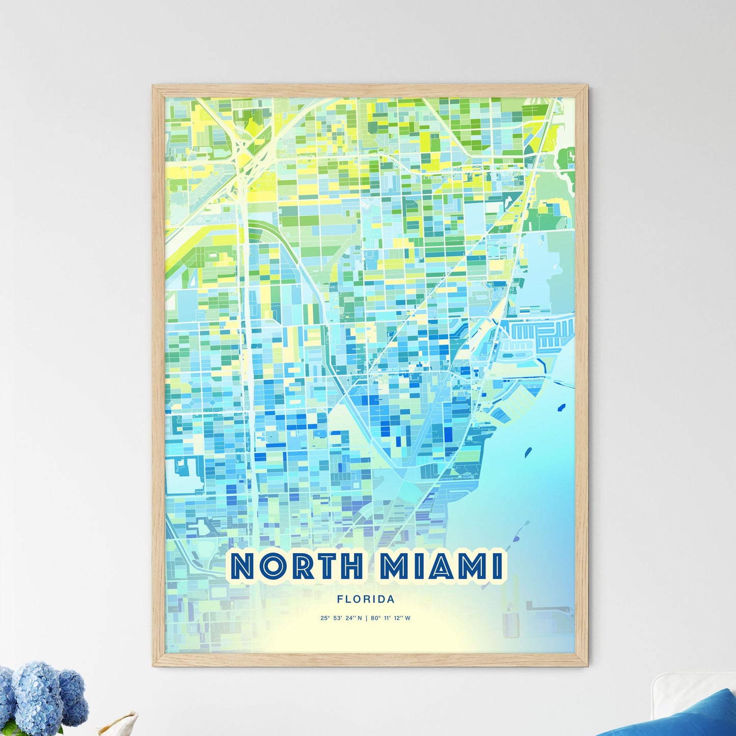 Colorful NORTH MIAMI FLORIDA Fine Art Map Cool Blue