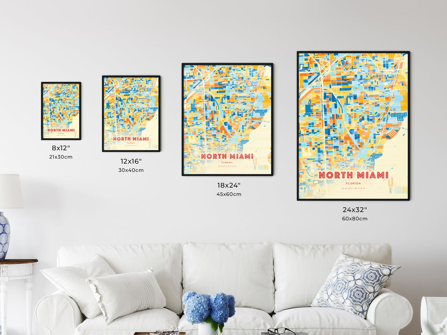 Colorful NORTH MIAMI FLORIDA Fine Art Map Blue Orange