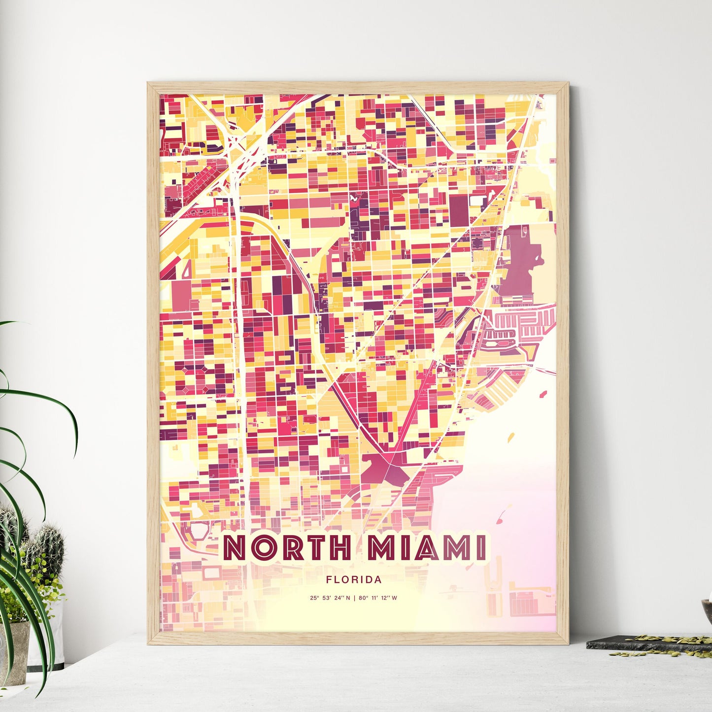 Colorful NORTH MIAMI FLORIDA Fine Art Map Hot Red