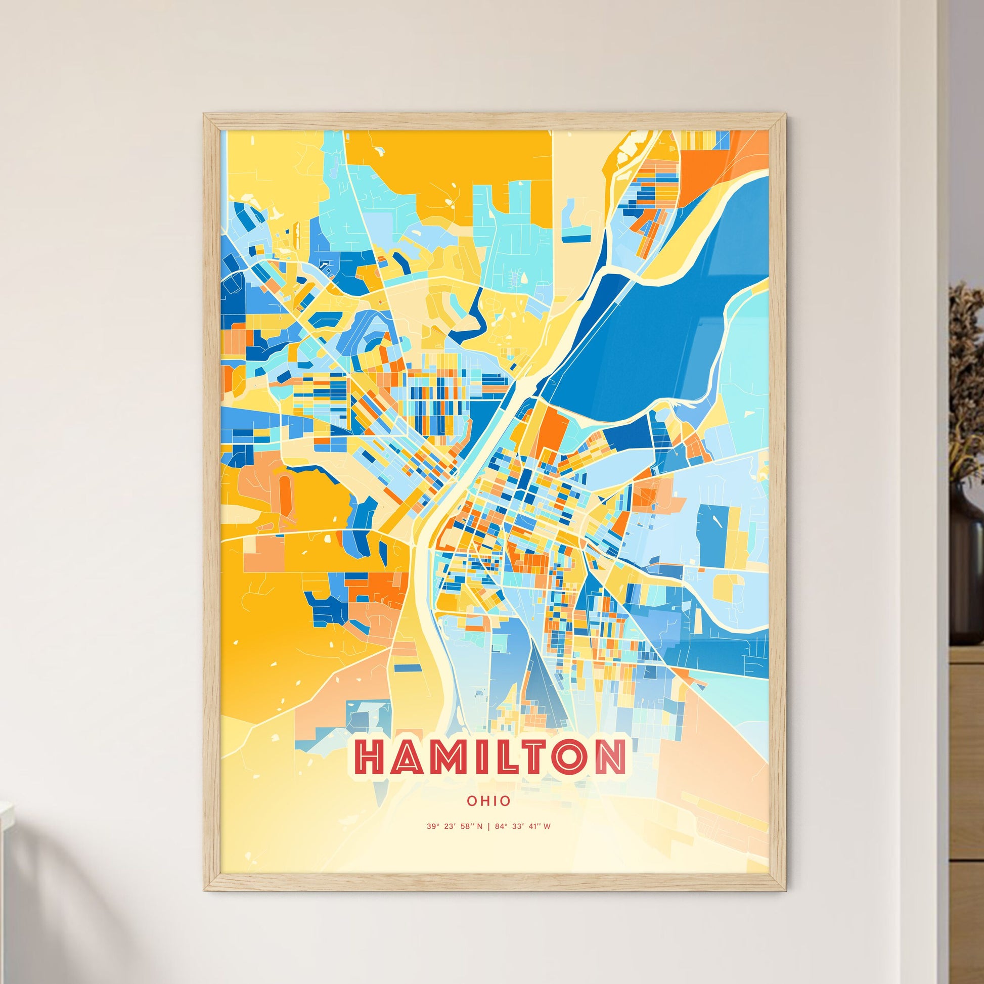 Colorful Hamilton Ohio Fine Art Map Blue Orange