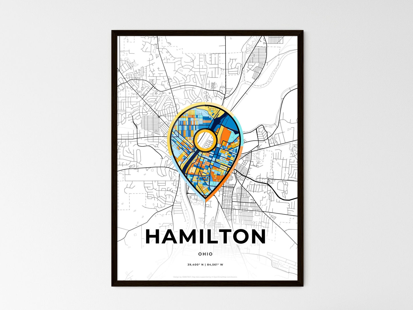 Hamilton Ohio wedding art map with pointer icon