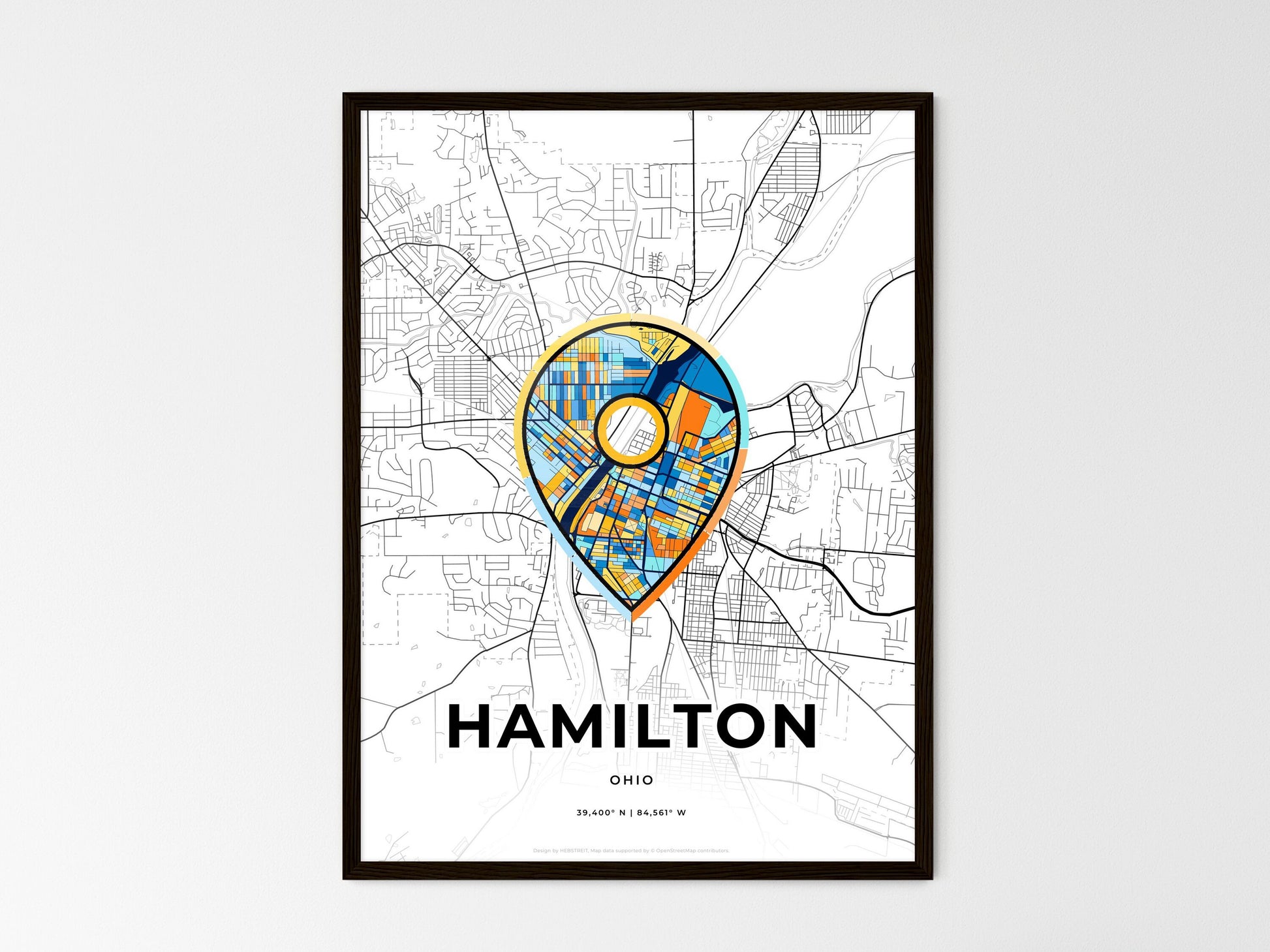 Hamilton Ohio wedding art map with pointer icon